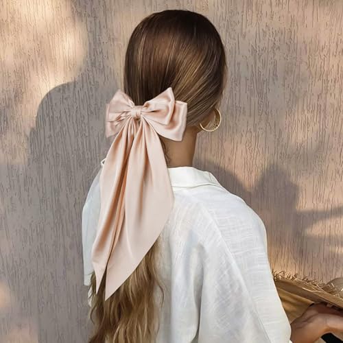 AWAYTR 4 Pcs Big Hair Bows for Women, Silky Satin Long Tail Barrette Clips