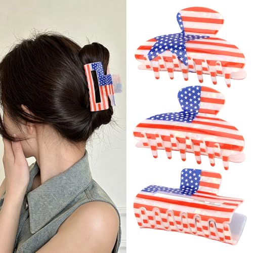 CURASA Patriotic American Flag Hair Claw Clips 3-Pack Set