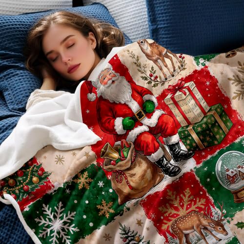 Christmas Santa Deer Throw Blanket - Holiday Patchwork Fleece 50x60, Red