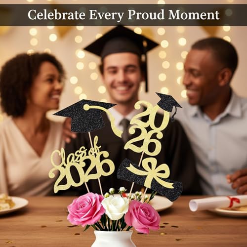 2026 Graduation Decorations - Black & Gold Glitter Centerpieces