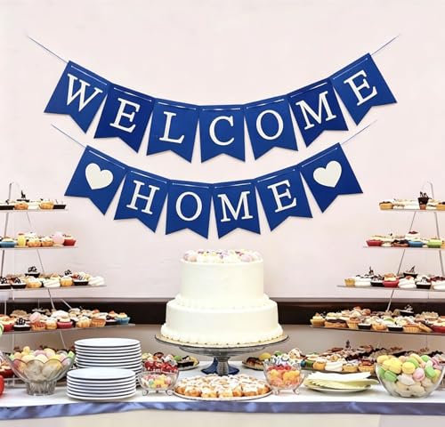 Blue Welcome Home Banner - Glitter Bunting for Baby Shower & Military Return