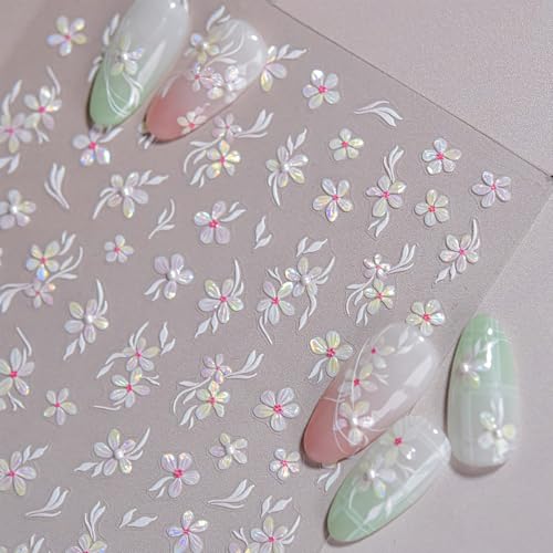 5D Embossed Flower Nail Art Stickers - White Peach Blossom Decals
