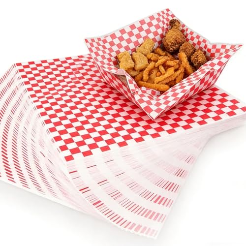 Red & White 7x7 Inch Food Basket Liners, 200-Pack Grease-Resistant Wax Paper