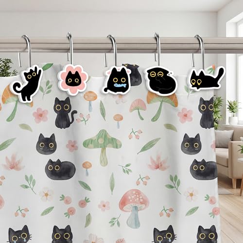 MALLMALL6 12-Piece Black Cat Shower Curtain Hooks - Rustproof Decorative Rings