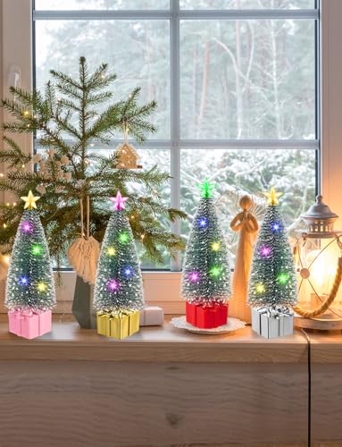 Mini Christmas Tree with Lights - 8 Pack Tabletop Holiday Decor - Variation of 8