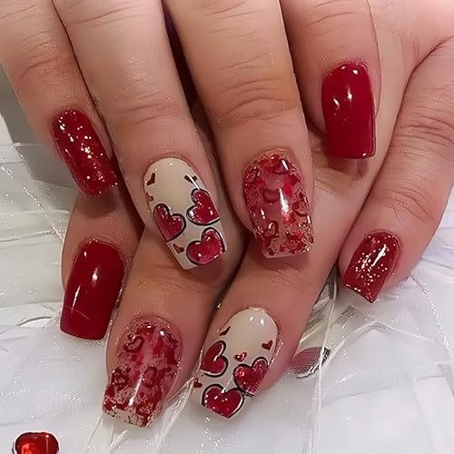 Valentine Square Press on Nails Red Glitter Heart Acrylic Fake Nails