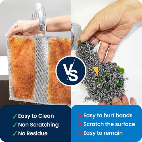 Dream Linen 6 Pack Non-Scratch Steel Wire Dishcloths - 8x8 Inch Cleaning Cloths for Kitchen & Home