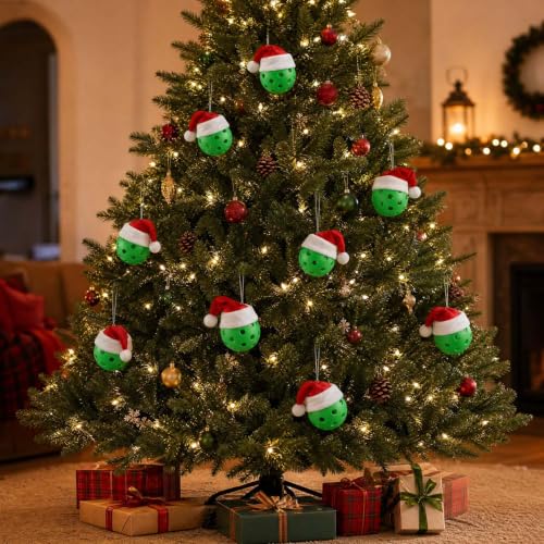 Pickleball Christmas Tree Ornaments Set of 3 with Santa Hat - Holiday Sports Decor