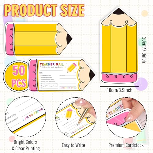 50 Pcs Pencil-Shaped Happy Mail Cards for Students, Motivational Postcards