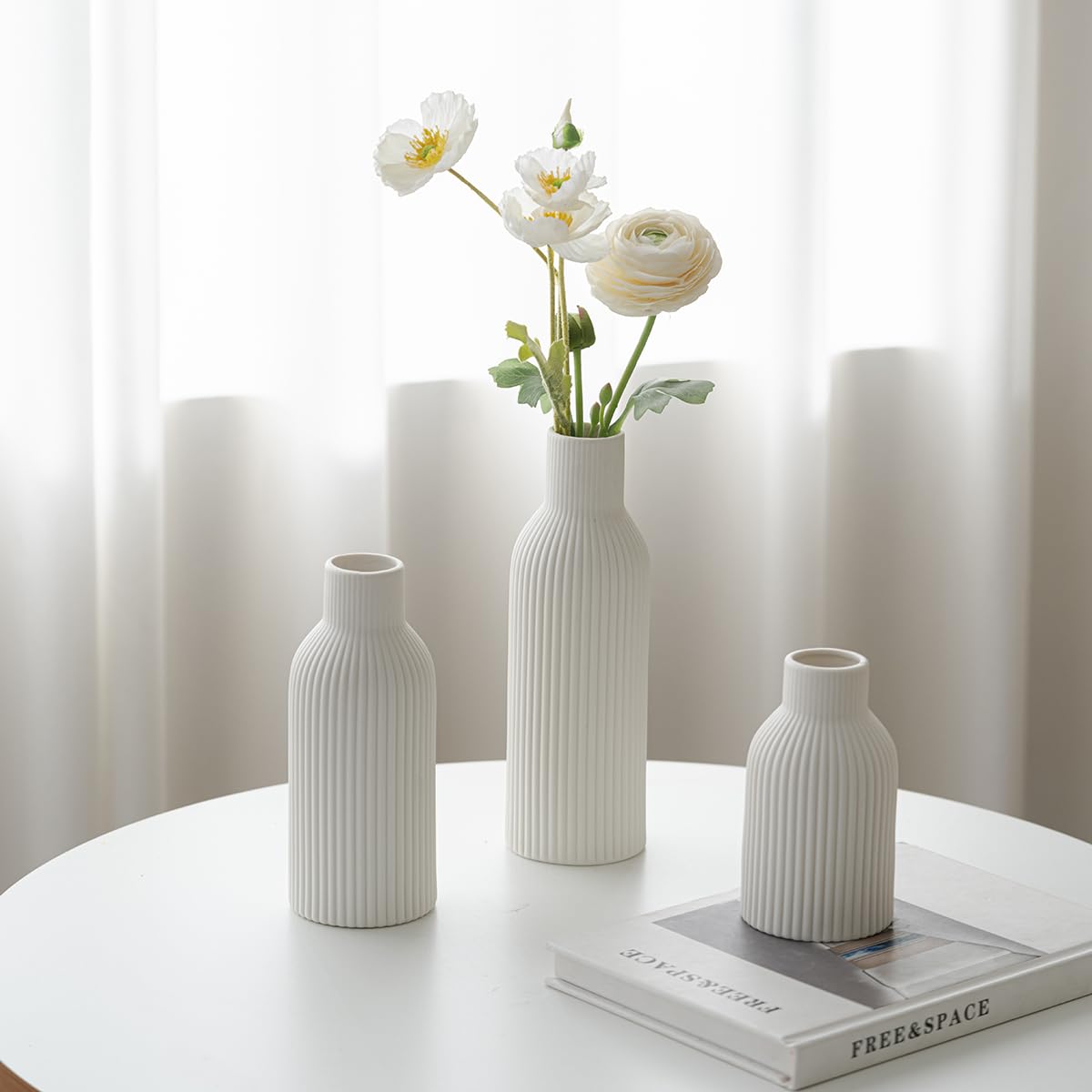 Modern Ceramic Vases Set of 3, White Ribbed Decorative Vases, Shelf Table Centerpiece for Home Decor, Birthday Gifts for Women, Mom, Grandma Decorative (White)