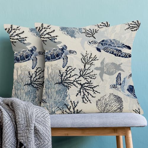 Navy Blue Coastal Pillow Covers 18x18 Inch Set of 2 with Sea Turtle Design