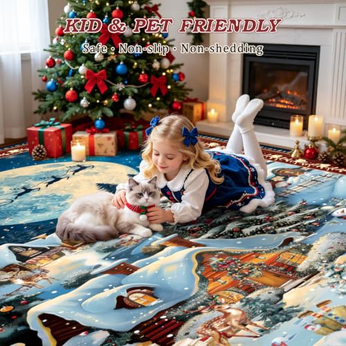 Christmas Washable Area Rug 6x9Ft - Red & Blue Holiday Decor, Rectangular