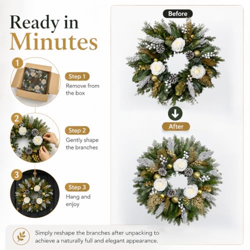 28 Inch Christmas Wreath with White Roses and Gold Decor for Front Door
