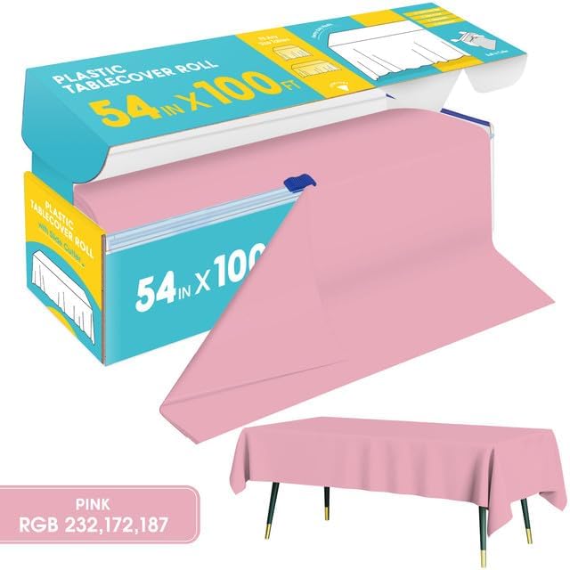 Niuara Pink Plastic Table Cover Roll - 54" x 100FT | Disposable Table Cloth with Slide Cutter for Events