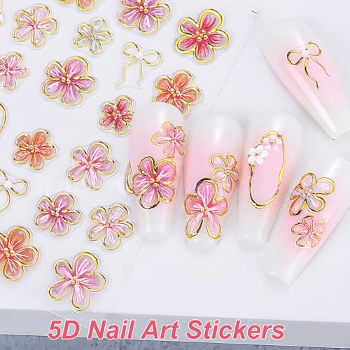 KAHSOSE 5D Flower & Butterfly Nail Stickers - 2 Sheets Embossed Decals
