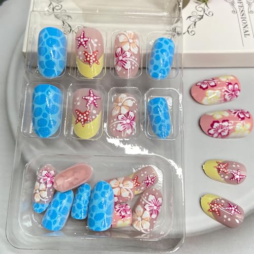 Short Oval Press on Nails Summer Beach Blue Sea Starfish Flowers Design