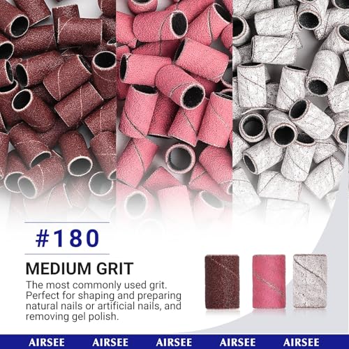 AIRSEE Nail Drill Sanding Bands 100-Piece Set 180 Grit Medium with Mandrel