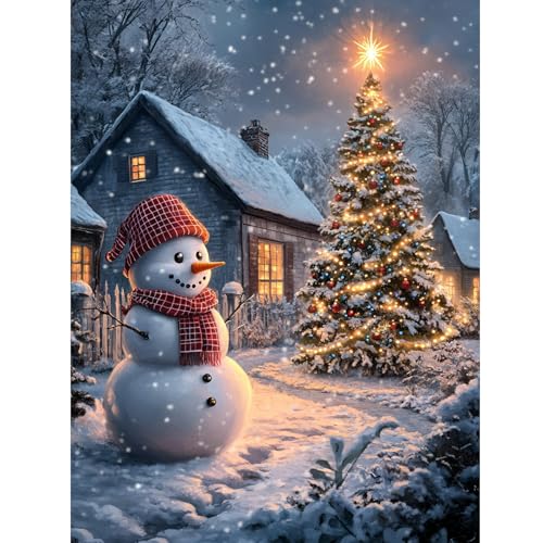 Christmas Tree Diamond Art Kit for Adults - 12x16 Inch Snowman & Tree