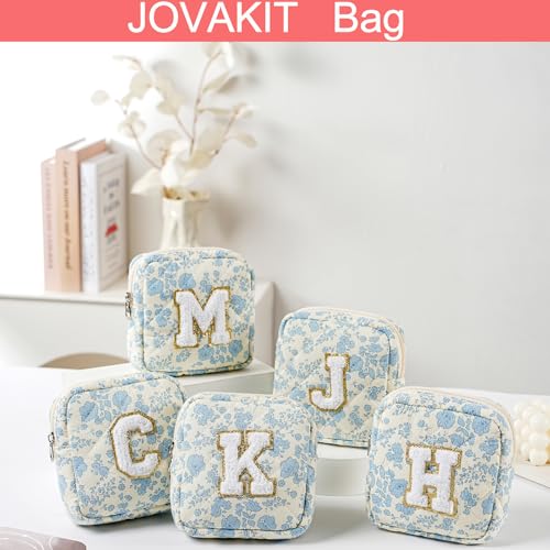 JOVAKIT Quilted Alphabet Makeup Bag Floral Cotton Toiletry Pouch