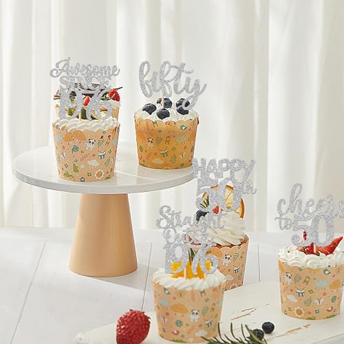50th Birthday Cupcake Toppers Silver Glitter 30 Pack Cake Decorations