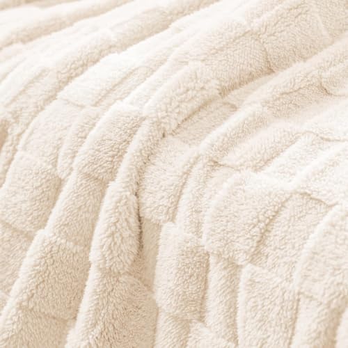 Exclusivo Mezcla 3D Checkered Fleece Throw Blanket, Ivory - Super Soft & Cozy