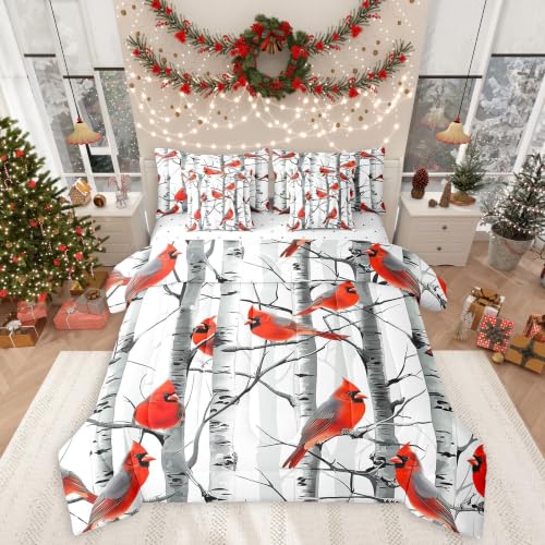 Christmas Cardinal Comforter Set Queen Size White Orange 7pcs Bedding