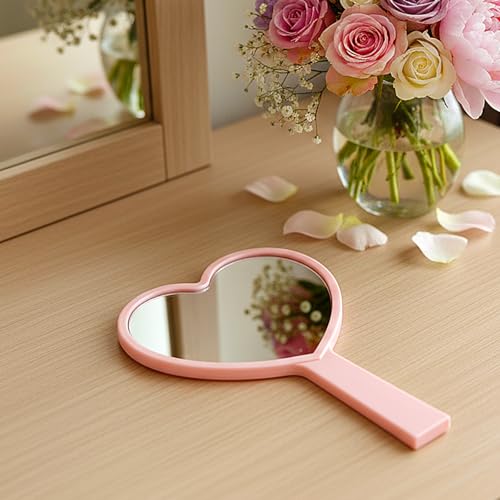 Bremorou Heart Shaped Handheld Makeup Mirror Small Pink Travel Mirror
