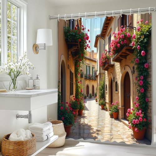 JEJOMEAG Italian Mediterranean Shower Curtain 70x70 Inches Tuscany Europe Fabric Bathroom Decor