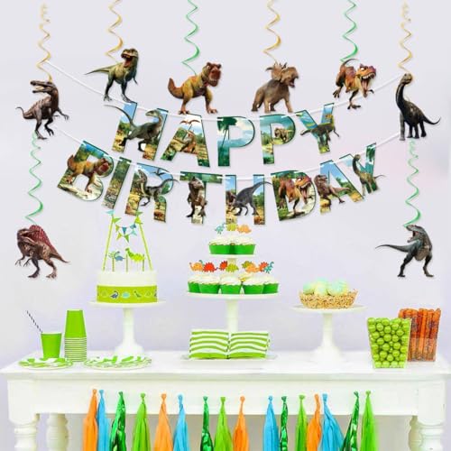 Dinosaur Birthday Decorations Set - Happy Birthday Banner & 8 Swirls