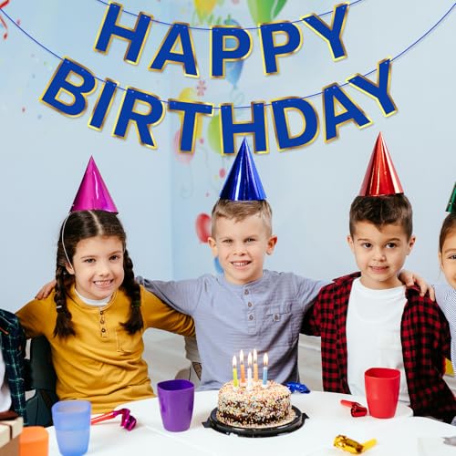 Navy Blue Happy Birthday Banner with Golden Border - 13 Flags
