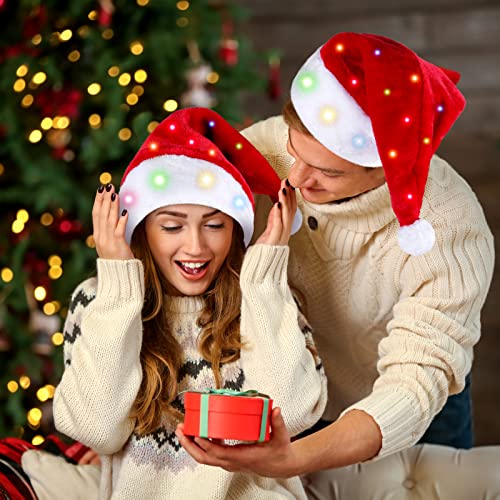 Light Up Christmas Santa Hat with LED Lights - Red, Plush Holiday Party Hats, 2 Pack
