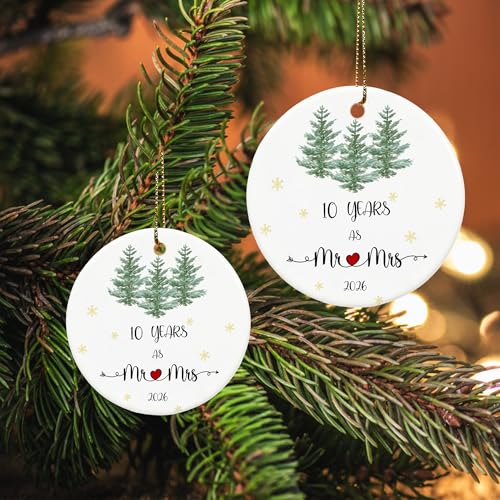 10th Tin Anniversary Ornament 2026 - Elegant Ceramic Gift with Gold String - 10 Year Celebration Keepsake - Variation: 10 Years