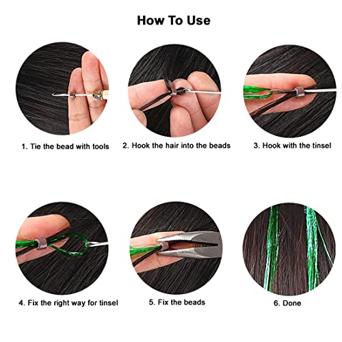 Red Hair Tinsel Kit with Tools & 1200 Strands Heat Resistant Fairy Glitter Extensions