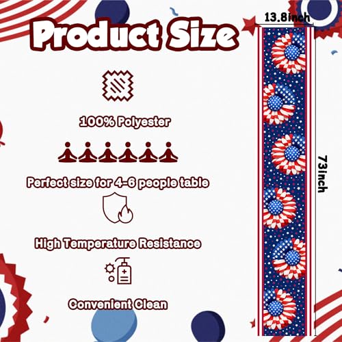 Patriotic 4th of July Table Runner USA Stars Floral Decor