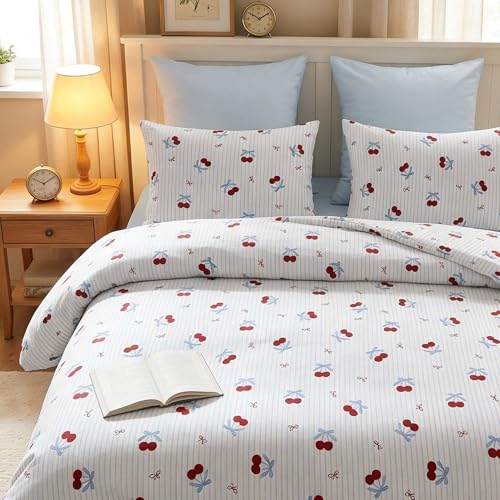 Nayoroom Queen Duvet Cover Set - Blue Striped Cherry Bow Bedding