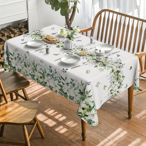 Spring Summer Eucalyptus Table Cloth 52x70 Inch Rectangular White - Durable Home Decor