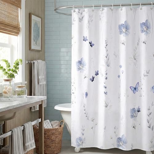 Watercolor Floral Shower Curtain - Lavender Flowers & Butterflies, 72x72 Inch