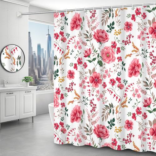 Watercolor Pink Floral Shower Curtain, 48" x 72" Farmhouse Fabric Bath Set