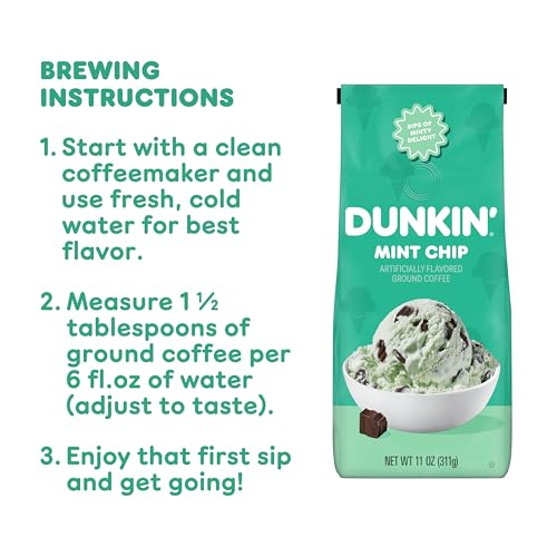 Dunkin' Mint Chip Ground Coffee, Dark Roast, 11 oz Bags (Pack of 6)