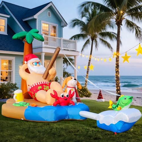10FT Christmas Inflatable Santa Fishing by a Palm Tree with LED Lights - Holiday Yard Decor