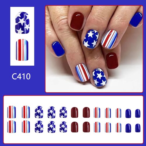 Short Press on Nails Independence Day Square Glossy Red Blue Acrylic