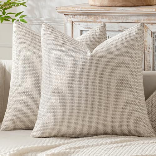 MIULEE Chenille Throw Pillow Covers 18x18 Inch - 2 Pack, Beige