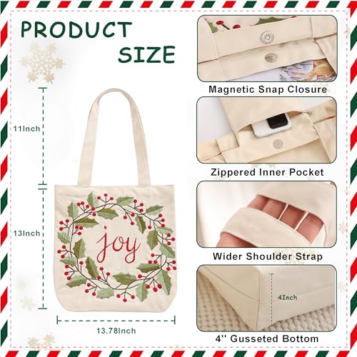 Christmas Embroidery Canvas Tote Bag - Joy Wreath Reusable Holiday Gift Bag