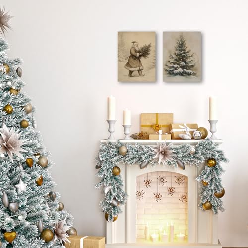 Winter Canvas Wall Art Set of 2 - Santa and Christmas Tree Holiday Decor