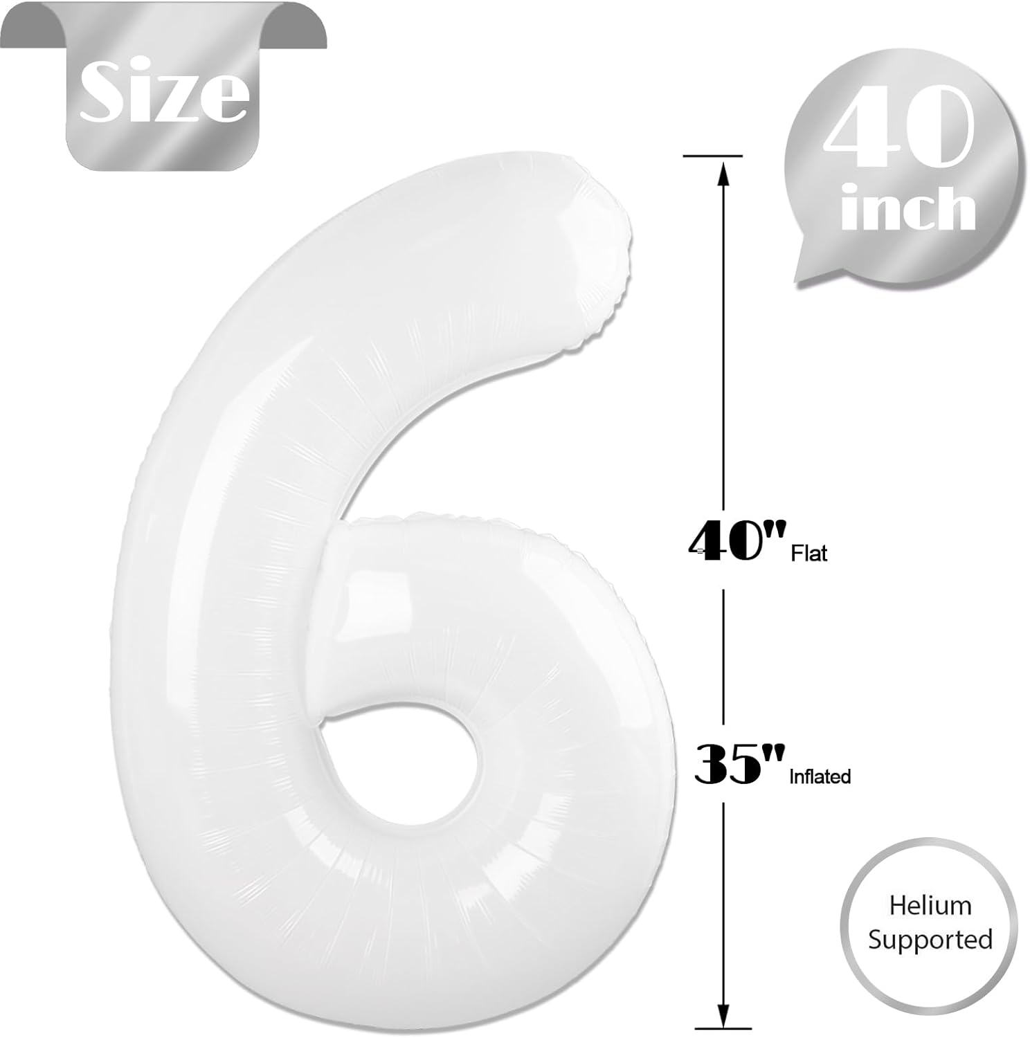 Number 6 Foil Balloon - 40 Inch White Giant Balloon for 6th Birthday Party Decorations