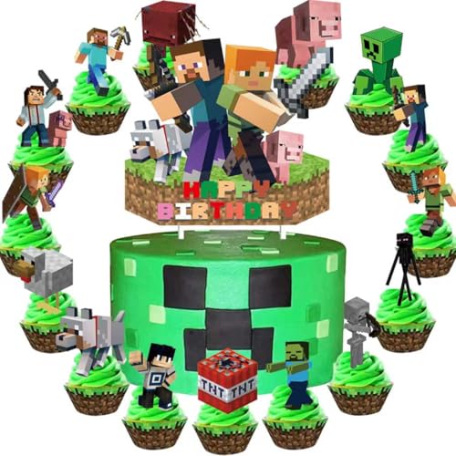 Pixel Cake Decoration Set - 31Pcs with Cupcake Toppers & Birthday Topper