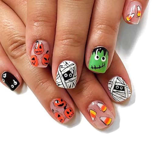 Halloween Press on Nails Square Fake Nails Mummy Pumpkin 24PCS