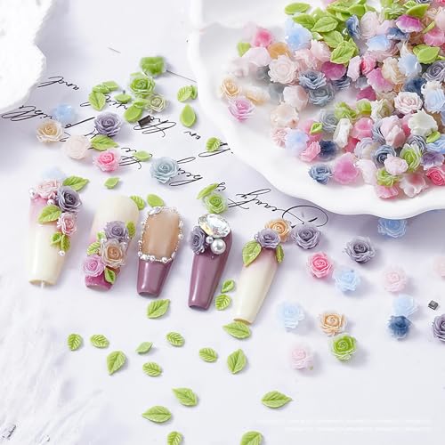 MOLILON 3D Flower Nail Charms Resin Rose and Leaf Art Decoration 100pcs