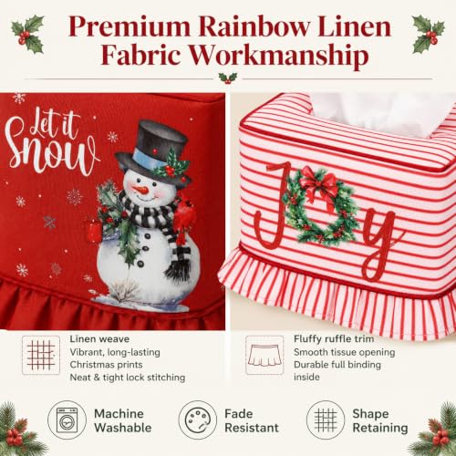 Snowman Tissue Box Cover - 2 Piece Christmas Linen Decor with Ruffled Edges