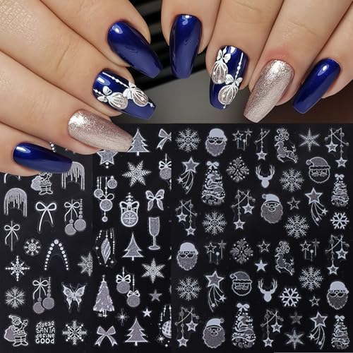 CnSybaris 6 Sheets Snowflake Nail Art Stickers 3D Silver Glitter Decals